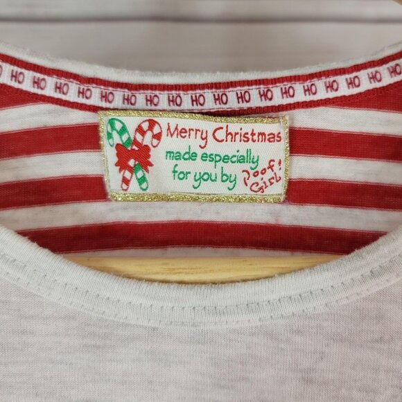 Poof! Girl Christmas Top Cream Size XL Roll Tab Sleeves Stripes 3D Pocket Santa - Picture 5 of 6